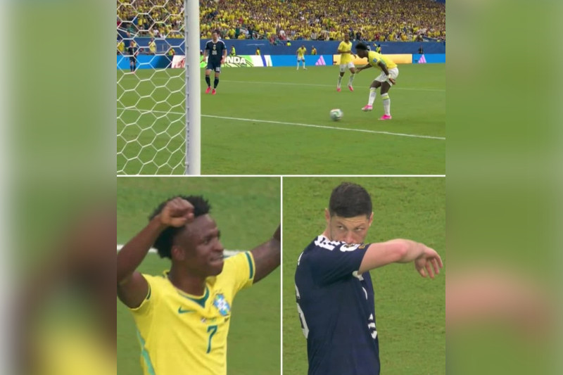 Vinícius Júnior ao marcar gol, comemorar e a lamentação do zagueiro escocês (Imagens: Fifa World Cup Media/;X)