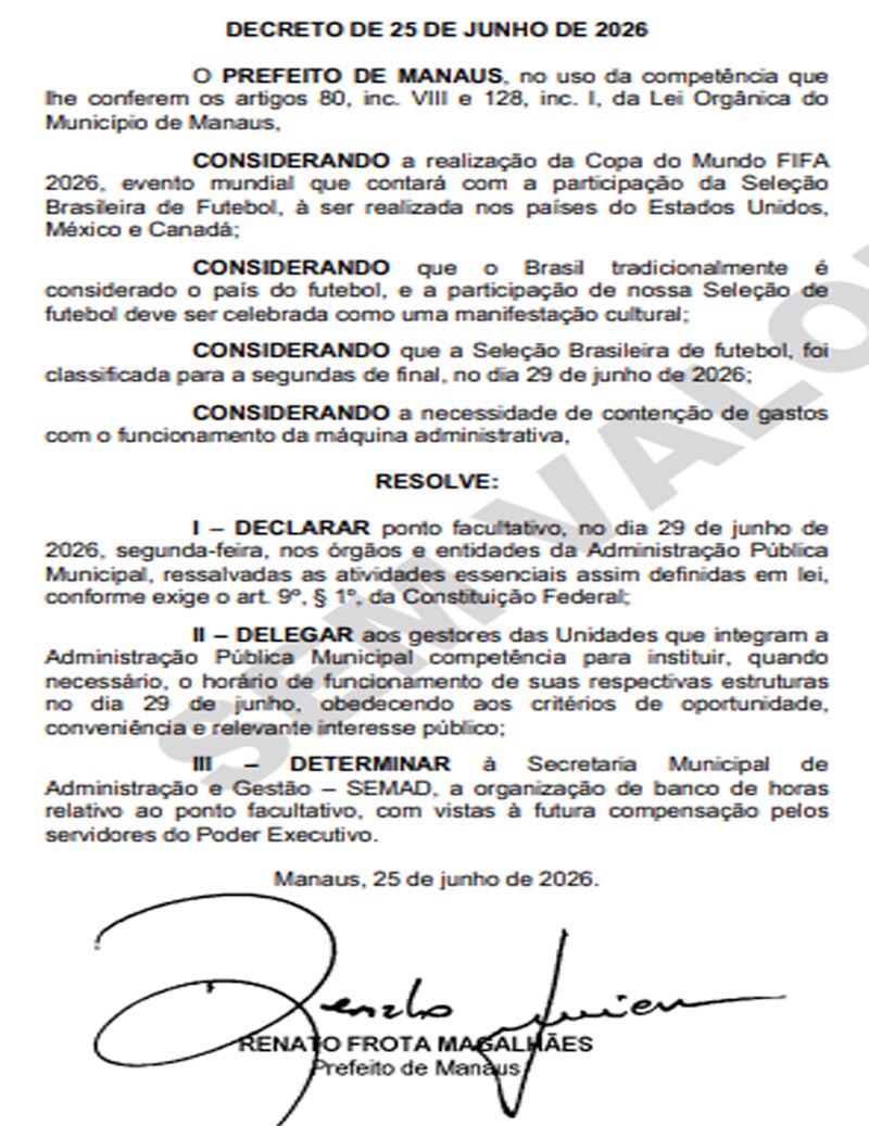 Decreto sobre ponto facultativo da Prefeitura de Manaus