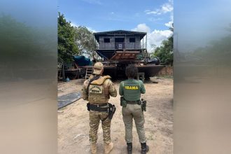 Agentes da PF e do Ibama em operação no estaleiro clandestino (Foto: PF/Divulgação)