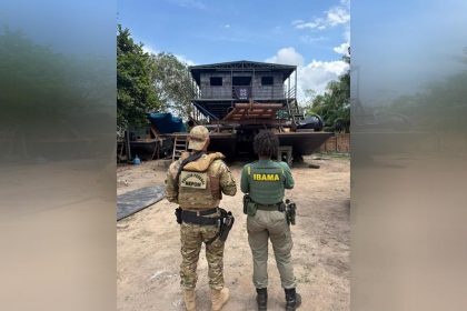 Agentes da PF e do Ibama em operação no estaleiro clandestino (Foto: PF/Divulgação)