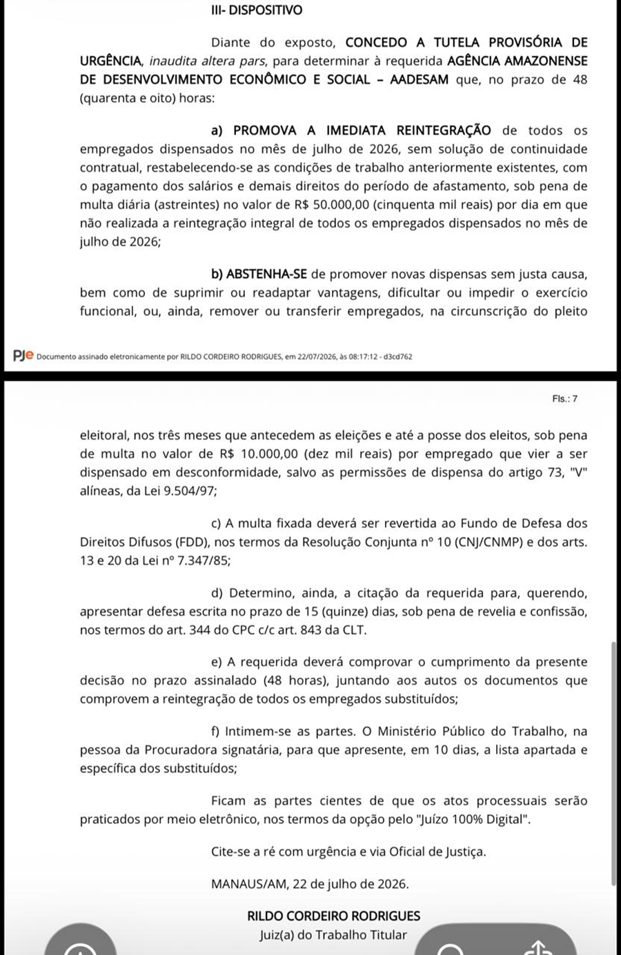 Decisão da Justiça sobre demissões na Aadesam