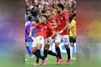Emam Ashour ao comemorar gol no empate do Egito, que venceu a Austrália nos pênaltis (Foto: Fifa World Cup Media/X)