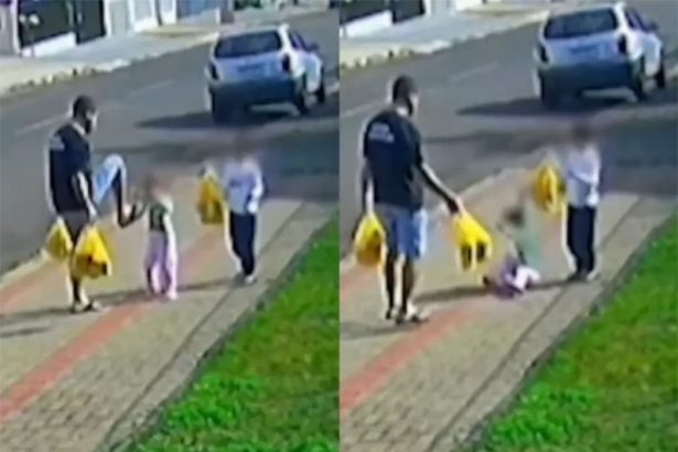Chute do pai na filha foi registrado por câmera de monitoramento (Imagem: Câmera de monitoramento/PC-PR)