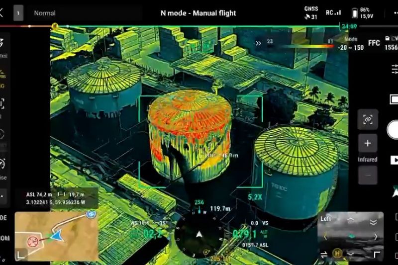 Drones equipados com câmeras térmicas registraram fissuras em parte do tanque e a continuidade do vazamento (Foto: Divulgação)