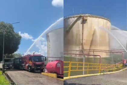 Tanque sendo resfriado pelo Corpo de Bombeiros (Imagem: Divulgação/Corpo de Bombeiros)