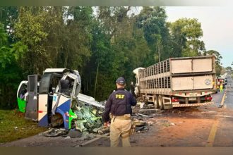 Micro-ônibus ficou destruído na colisão com a carreta (Foto: PRF/Divulgação)