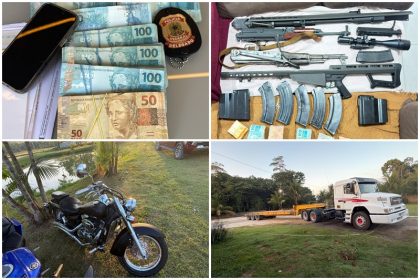 Dinheiro, armas, motos e uma carreta foram apreendidos na operação Lá Máquina (Fotos: PF/Divulgação)