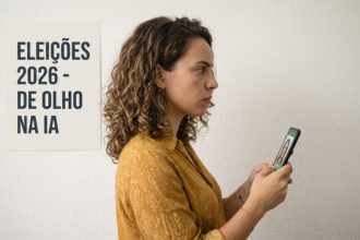 Eleitora verifica celular: TSE disponibiliza ferramenta para identificar conteúdo eleitoral falso (Imagem ilustrativa gerada por IA/Google)