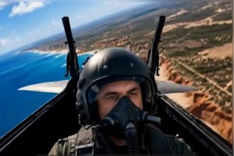 Flávio Bolsonaro em vídeo feito com IA em que ele é piloto de combate à caça de Lulinha (Imagemn: Facebook/Reprodução)