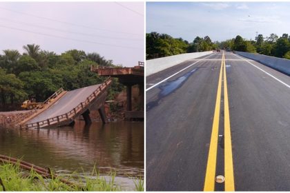 Ponte sobre o Rio Curaçá em setembro de 2022 e reconstruída três nanos depois (Fotosa: Valter Calheiros e Dnbit/Divulgaçãoi)
