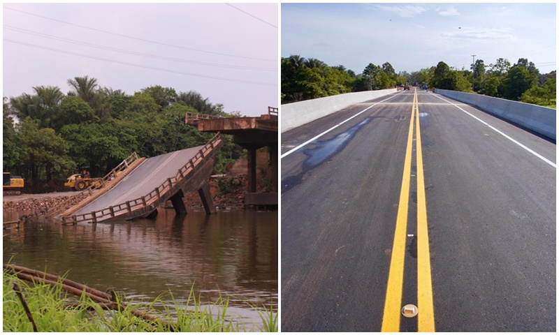 Ponte sobre o Rio Curaçá em setembro de 2022 e reconstruída três nanos depois (Fotosa: Valter Calheiros e Dnbit/Divulgaçãoi)