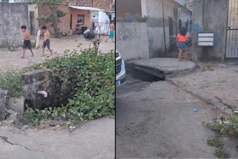 Precariedade dos bueiros oferece risco para a circulação de crianças (Foto: WhatsApp/reprodução)