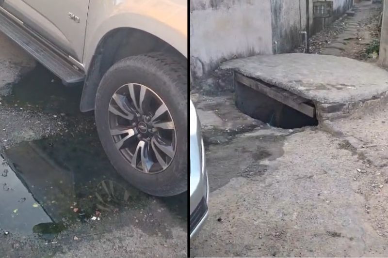 Esgoto a céu aberto é um dos problemas da rua em péssimas condições (Foto: WhatsApp/Reprodução)