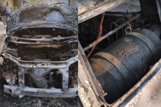 O carro possuía cilindro de gás e havia risco de explosão (Foto: WhatsApp/reprodução)
