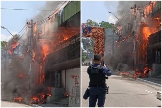 Incêndio destruiu a parte da frente do prédio no Centro Histórico de Manaus (Fotos: WhatsApp/Reprodução)