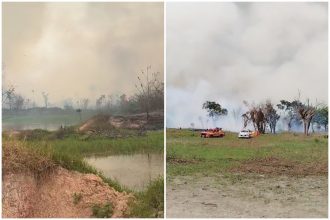 Dois momentos do incêndio: fogo em vegetação próxima à estrada gerou grande nuvem de fumaça (Imagens: WhatsApp/Reprodução)