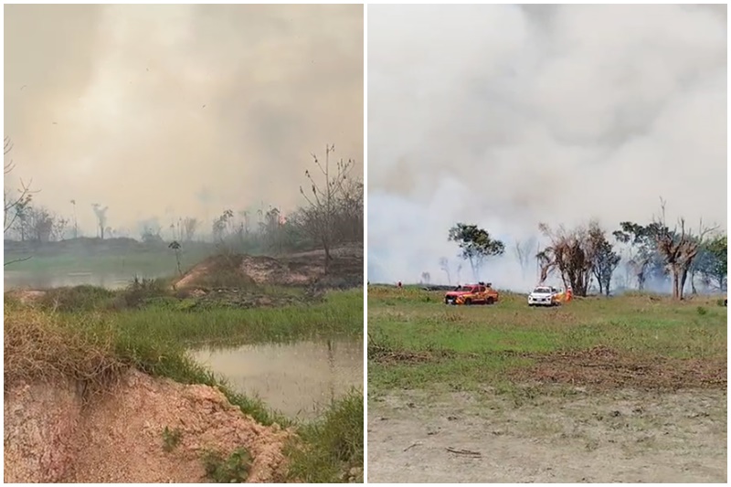 Dois momentos do incêndio: fogo em vegetação próxima à estrada gerou grande nuvem de fumaça (Imagens: WhatsApp/Reprodução)