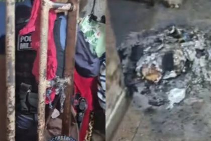 Presos da carceragem da Delegacia de Polícia de Novo Airão (AM) atearam fogo em colchões, lençóis e roupas (Foto: WhatsApp/reprodução)