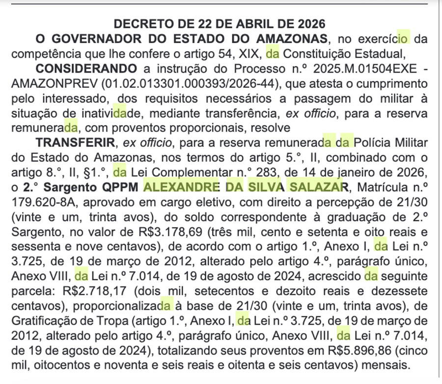 Decreto sobre aposentadoria do Sargento Salazar