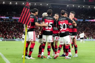 Jogadores do Flamengo comemoram gol no final do jogo pelo Brasileirão (Foto: Gilvan de Souza/CRF)
