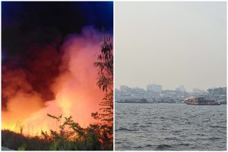 Incêndio em área de floresta nativa e a fumaça na orla de Manaus: impacto na saúde de moradores (Fotos: WhatsApp/Reprodução)