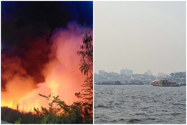 Incêndio em área de floresta nativa e a fumaça na orla de Manaus: impacto na saúde de moradores (Fotos: WhatsApp/Reprodução)