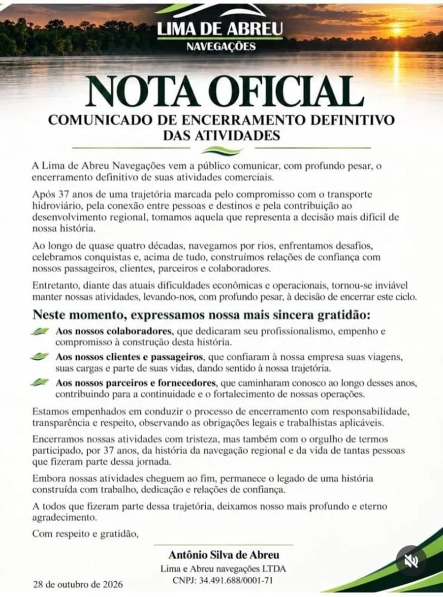 Nota da empresa de Navegação Lima Abreu sobre encerramento das atividades