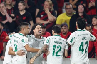 Jogadores do Palmeiras ao comemorar gol: liderança provisória (Foto: Cesar Greco/Palmeiras/by Canon)
